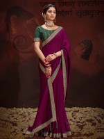 Wine Vichitra Silk Embroidered Saree